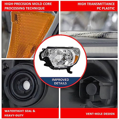 for 2012-2015 Toyota Tacoma Halogen Headlight W/O Bulbs - color: Chrome Housing Amber Reflector Clear Lens