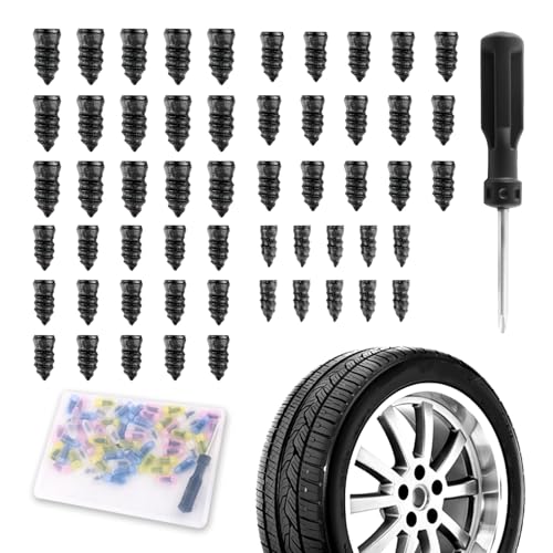 carleef 60PCS Screw in Tire Plugs Set with Screwdriver & 4 Size Nails,Self-Service Tire Repair Rubber Nail Kit for Quick Fix Tires Puncture,Universal Tires Repair Kit for Tubeless Tyres - color: 4 Size/60PCS