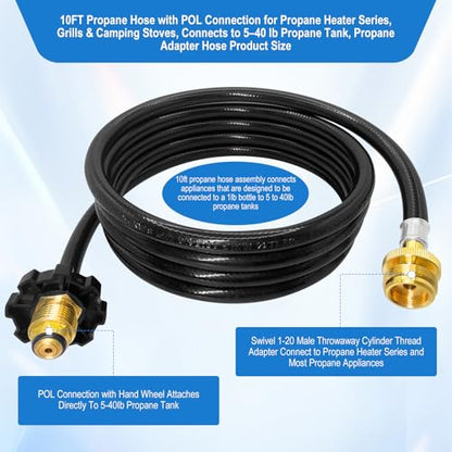 F273704 10FT Propane Hose Fits for Portable Heaters & Grill Etc, Heater Propane Hose with POL Fitting Connect 5-40 lb Propane Tanks, for Grill Propane Hoses, CSA Certified. - style: 273704 10FT Propane Adapter Hose for Heater Series