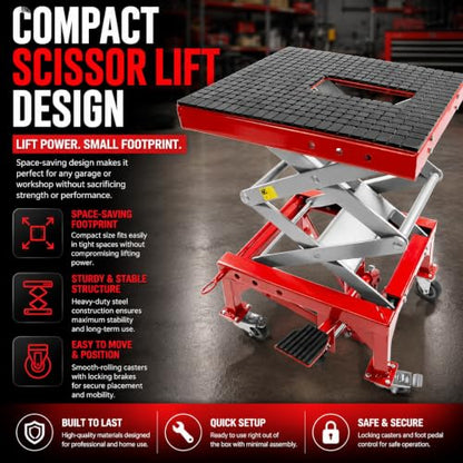 XtremepowerUS 300 lb Hydraulic Motorcycle Scissor Lift Jack, Foot Operated Mini Lift Table with Hand Crank, Motorcycle Dirt Bike ATV Lift Stand, Heavy Duty Maintenance Hoist, Red