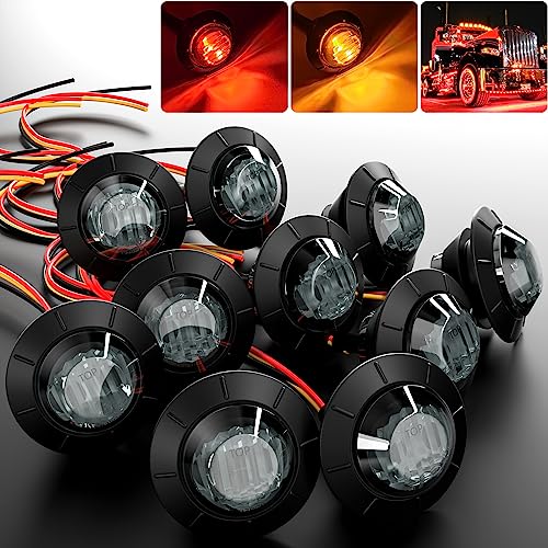 BJZ 3/4" Side Marker Trailer LED Lights Red-Amber Dual Color 4LED Round Clearance Brake Stop Turn Signal Tail Bullet Light 12V for Trailer Truck Van RV ATV Bus, 10Pcs w/Smoked Lens - color: Amber-Red (Smoked Lens)