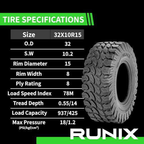 RUNIX UTV SxS Radial Tires, RUNIX PeakCrawler, 32X10R15, 32X10-15, 8PR, Radial Tire, Set of 4, All Terrain, Tubeless - size: 32X10R15