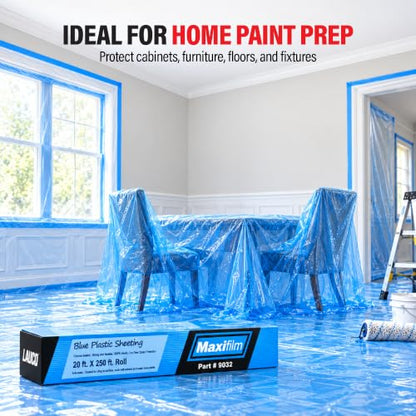 MAXIFILM 16ft x 350ft Roll of Blue Overspray Paintable Masking Plastic Sheeting -8 Micron, 0.3 Mil, Protective Masking Film Cover, Auto Painting, Cover Cloth Home Walls Furniture (1, 16ft x 350ft)