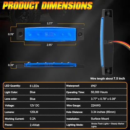 BJZ 3.8" Strobe+Steady Marker Lights Strip Dual Function Blue Trailer LED Side Clearance Tail Bumper Griller Flash Lights 12V Running Warning Waterproof Light for Trailer Truck Van RV ATV Bus, 10Pcs - color: Blue, 10Pcs