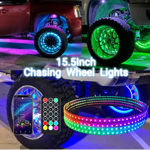 4pcs 15.5" Wheel Lights for Truck/Car/ATV/UTV Dream Color Chasing Dancing Flow Brightest Led Rim Wheel Ring Lights W/Turn Signal and Braking Function Controlled By Remote and App - size: Single Row 15.5" Chasing Wheel Lights