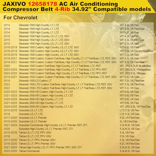 12658178 AC Air Conditioning Compressor Belt Compatible with 15-25 Escalade ESV 6.2L,14-25 Silverado/Sierra 1500 4.3L/5.3L/6.2L,15-25 Tahoe Yukon XL 5.3L/6.2L,Replace 4PK887SF 4040349S - size: 4PK887-887mm