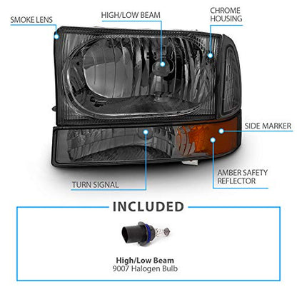 AmeriLite OE Smoke Replacement Headlights 4pcs Set w/Socket Bulb for 1999-04 Ford Excursion/Super Duty F250 F350 F450 F550 Truck - Passenger and Driver Side - color: Smoke