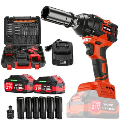 1/2" Cordless Impact Wrench 1500 N.m Power Impact, w/2pcs 21V 2x4.0AH M18 Rechargable Battery, Fast Charger,Impact Driver Kit (0-8800 rpm), Socket for drill,Screwdriver,lug nuts