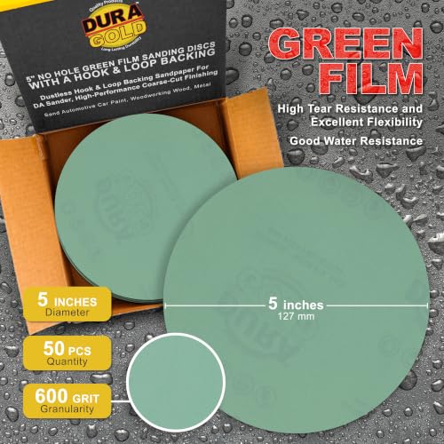 Dura-Gold 5" Green Film Sanding Discs, 600 Grit, Box of 50, Hook & Loop - size: 600-Grit
