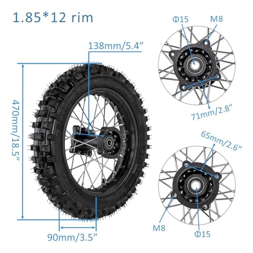 Front Motorcycle Tire 60/100-14 & Rear Knobby Tire 80/100-12 Disc Brake Wheel Rim, 15mm Bearing & 14'' Rear Swing Arm & Front Fork 45mm/48mm for Pit Dirt Bike 110cc 125cc 140cc - size: Front 14 + Rear 12