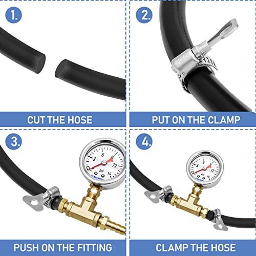 MEASUREMAN Fuel Pressure Gauge Kit 0-15Psi Stainless Steel Glycerin Filled, 1-1/2" Dial Size, with 5/16" Fuel Line Fuel Pressure Brass T-Fitting Adapter, Lower Mount - size: 0-15 psi, style: Lower Mount T-Fitting Adapter