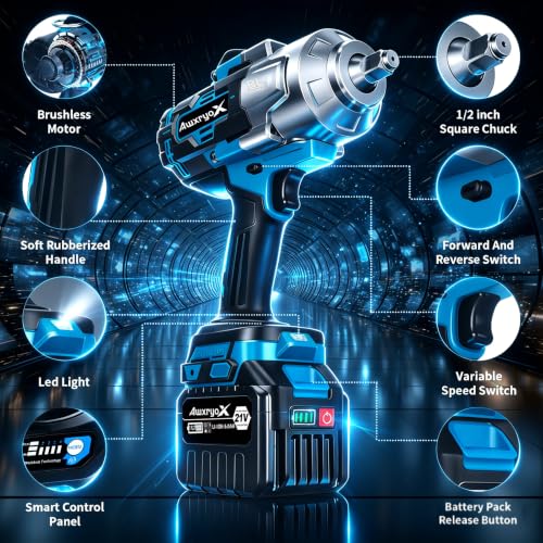AwxryoX 2000Nm Cordless Impact Gun, 1/2" Impact Wrench 2 x 6.0Ah Battery