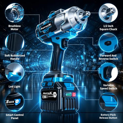 AwxryoX 2000Nm Cordless Impact Gun, 1/2" Impact Wrench 2 x 6.0Ah Battery