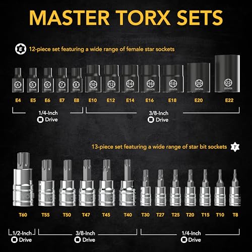 LEXIVON Master Torx Bit and Socket Set, Premium S2 Alloy & Cr-V Steel | 25-Piece, Bit Socket T8-T60 & E-Torx E4-E22 | Heavy-Duty Storage Case (LX-148) - style: Master Torx Bit Socket Set