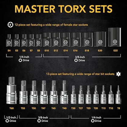 LEXIVON Master Torx Bit and Socket Set, Premium S2 Alloy & Cr-V Steel | 25-Piece, Bit Socket T8-T60 & E-Torx E4-E22 | Heavy-Duty Storage Case (LX-148) - style: Master Torx Bit Socket Set