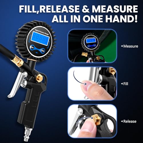Digital Tire Gauge with Inflator & Deflator - LED Display & 0.1 PSI Resolution - Quick Release Valve & Heavy Duty Chuck - w/Adapter for Car, Truck, SUV, Motorcycle, RV, Balls - size: Classic