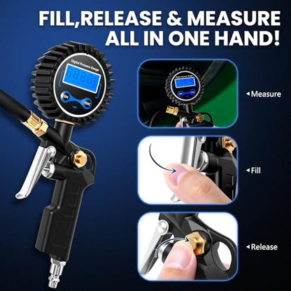 Digital Tire Gauge with Inflator & Deflator - LED Display & 0.1 PSI Resolution - Quick Release Valve & Heavy Duty Chuck - w/Adapter for Car, Truck, SUV, Motorcycle, RV, Balls - size: Classic