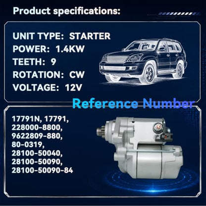 228000-8800 17791N Starter Motor for 2000-2009 Toyota Tundra, 2003-2009 4Runner, 2001-2005 Sequoia & 2003-2004 Lexus GX470, V8 4.7L, 12V 1.4KW 9 Teeth CW - size: 228000-8800