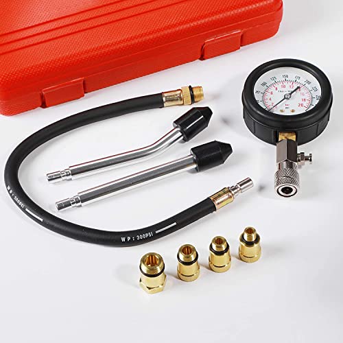 8PCS Compression Tester, Engine Compression Tester kit Professional Petrol Gas Engine Cylinder Pressure Gauge 0-300 PSI Automotive Tool for Motorcycle Car Truck(Plastic red)
