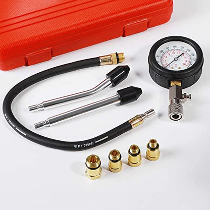 8PCS Compression Tester, Engine Compression Tester kit Professional Petrol Gas Engine Cylinder Pressure Gauge 0-300 PSI Automotive Tool for Motorcycle Car Truck(Plastic red)
