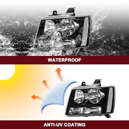 JSBOYAT Headlight with Bulbs Fit 2007-2014 Chevy Tahoe Suburban Avalanche - color: Black Housing with Clear Reflector, size: w/ 9005&H11 Bulbs