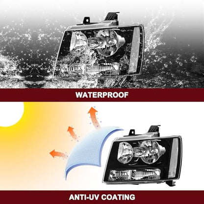 JSBOYAT Headlight with Bulbs Fit 2007-2014 Chevy Tahoe Suburban Avalanche - color: Black Housing with Clear Reflector, size: w/ 9005&H11 Bulbs