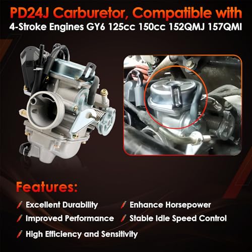 PD24J Carburetor, Fit For 125cc 150cc ATV Moped Scooter Engine 4Stroke GY6 - size: Carburetor Only