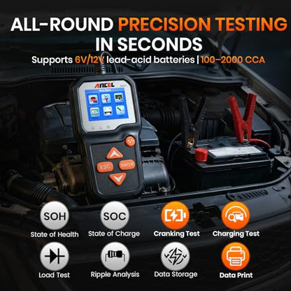 ANCEL BA301 6V 12V Car Battery Tester, 100-2000 CCA Automotive Load Tester Alternator Tester Auto Digital Battery Analyzer Cranking and Charging System Test Tool for Motorcycle Car Boat Truck SUV ATV - size: BA301