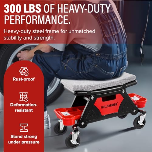 BullsArmor Rolling Mechanic Seat 300 LBS Capacity Creeper Stool with 4” Wheels Locks Heavy Duty Garage Chair with 3 Slide Out Tool Trays Drawer, Auto Repair Detailing Car Wrap Motorcycle Workshop DIY