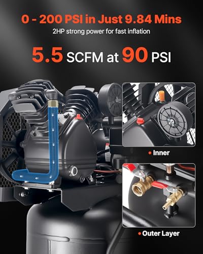 VEVOR 25-Gallon Air Compressor, 2HP 5.5 SCFM at 90PSI, Max 200PSI Pressure Oil-Lubricated Air Compressor Tank, Portable on Wheels for Auto Repair, Tire Inflation, Spray Painting, Woodwork Nailing 120V - size: 25 Gallon 200 PSI