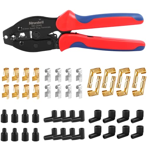 Ratchet Spark Plug Wire Crimper Set, Newdeli 25Pcs Spark Plug Crimping Tool and 180 Degree/90 Degree/Straight Spark Plug Coil Terminals Boots Set for Crimping and Stripping Spark Plug Ignition Wire - style: ND-2048 for spark plug wires