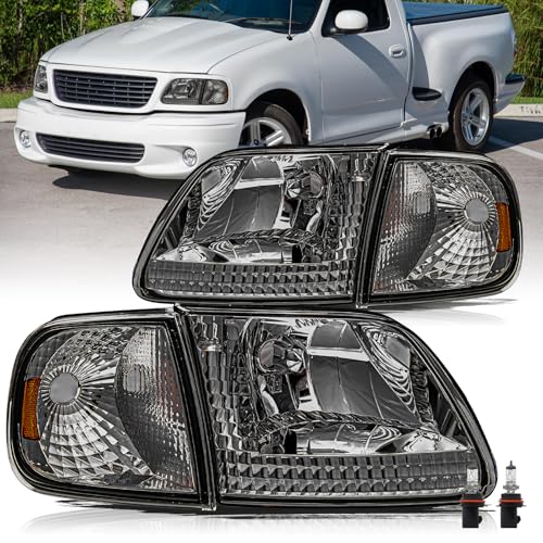 Aosky Halogen Headlights Assembly for 1997-03 Ford F150 Expedition - color: Smoke / Amber, style: w/ Bulbs