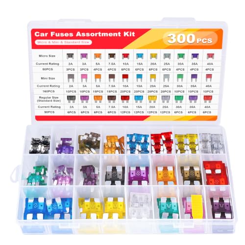 300 PCS Car Fuses Assortment Kit, Micro + Mini + Standard Blade Fuses Automotive Kit (2A 3A 5A 7.5A 10A 15A 20A 25A 30A 35A 40A) + Puller Replacement for Car Truck Boat RV Motorcycle Camper - size: 300 PCS Micro & Mini & Standard