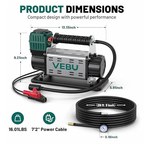 12V Air Compressor, 125PSI Tire Inflator with In-line Pressure Gauge - style: Single Cylinder + Inline Gauge