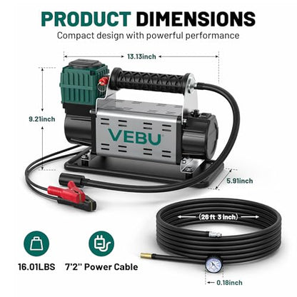 12V Air Compressor, 125PSI Tire Inflator with In-line Pressure Gauge - style: Single Cylinder + Inline Gauge