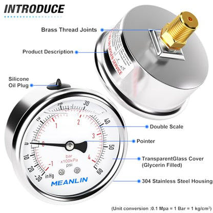 MEANLIN MEASURE -30inHG~60Psi Stainless Steel 1/4" NPT 2.5" FACE DIAL Vacuum Pressure Gauge, Center Back Mount, 1/2" NPT and 3/8" NPT Hex Bushing - size: -30inHG-60Psi