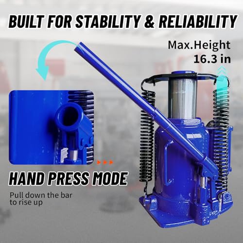 32 Ton Air Hydraulic Bottle Jack with Air-Powered or Manual Operation, One-Piece Hydraulic Cylinder Design, Air Bottle Jack with Independent Air Pump Body and Carry Handle - color: Blue, size: 32 Ton