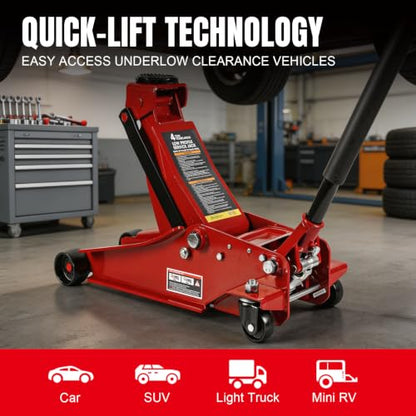 Big RED 4 Ton Low Profile Hydraulic Service Floor Jack, Dual Piston Fast Lift Pump, 8000 lb Heavy Duty Capacity - size: Dual Pump