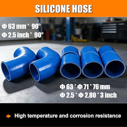 2.5" Intercooler Kit Universal Aluminum Turbo, 23.6" DIY Custom Pipe, 8 Pcs - color: Blue, size: 2.5 Inch