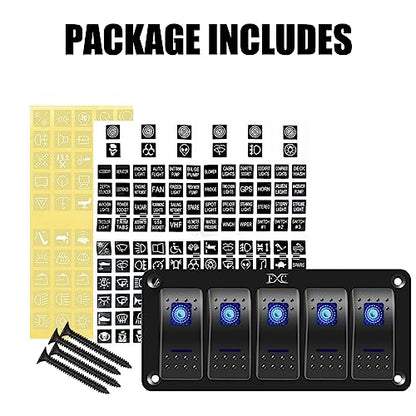 FXC Pre-Wired 5 Gang Rocker Switch Aluminum Panel with 40A Inline Fuse, Waterproof 6-Pin On-Off Car Boat Switch, Blue LED Switch Panel for Marine Boat Automotive RV Truck ATV Vehicles 12V/24V - style: 5 Gang