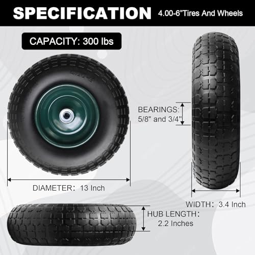 Storystore 2-Pack 4.00-6 Flat Free Tire and Wheel - 13" Wheelbarrow Tires with 5/8" or 3/4" Bearings, 1.75" Centered Hub Heavy Duty Solid Tire for Wheelbarrows, Dolly, Hand Trucks, Wagon and Trailer - size: 13Inch / 2Pack / Green
