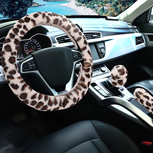 Fuzzy Steering Wheel Cover for Women Girls, Accmor Universal Fit 15 inch Fur Car Wheel Cover & Handbrake Cover & Gear Shift Cover Set, Fashion Leopard Winter Warm Fluffy Vehicle Wheel Protector - color: Beige/Dark Brown Leopard