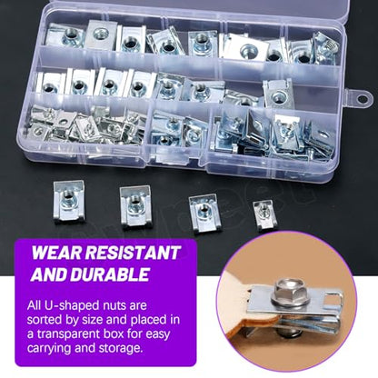 Swpeet 60Pcs M4 M5 M6 M8 Zinc Plated Auto Car U-Clip Assortment Kit, Zinc Plated U-Shaped Nut U Nut, Metal Trim Panel Spring Clip Fasteners for Dash Door Panel Interior Compatible with Most Auto - size: N1