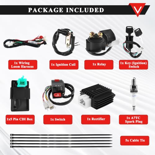 PRO BAT 125cc Chinese ATV Full Wiring Harness Kit AC 5-Pin CDI - color: White Spark Plug
