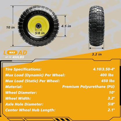 10-Inch Solid Dolly Tire Wheels (2-Pack) - 4.10/3.50-4" Tire and Wheel Flat Free with 5/8" Bearings, 2.1" Offset Hub for Hand Truck, Wheelbarrow, Dolly, Hand Carts - color: 2 PACK, size: 10"-4.10/3.50-4"