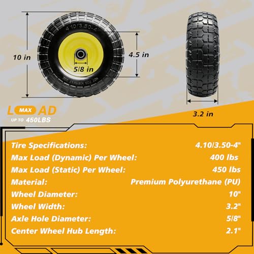 10-Inch Solid Dolly Tire Wheels (2-Pack) - 4.10/3.50-4" Tire and Wheel Flat Free with 5/8" Bearings, 2.1" Offset Hub for Hand Truck, Wheelbarrow, Dolly, Hand Carts - color: 2 PACK, size: 10"-4.10/3.50-4"