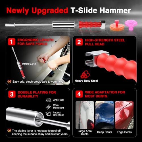 Dent Puller Kit - Paintless Dent Removal Tool with 100W Hot Glue Gun 10 Glue Sticks and 2-in-1 Slide Hammer T-Bar - for Car Body Repair Hail Damage Door Dings and Small Suction Cup - color: Black 01