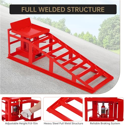 Car Ramps 12,000lbs Capacity – Heavy Duty Low Profile Steel Lift Ramps (2 Pack) with Adjustable Height 9.5" to 18" for Trucks, Trailers, SUVs & Garage Vehicle Repairs-Red