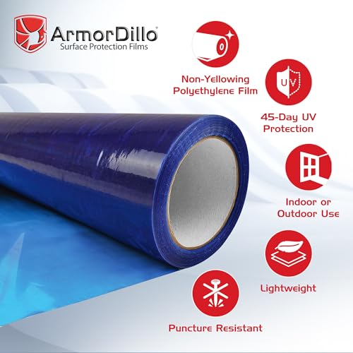 ArmorDillo Blue Window Protection Film 6" x 200' | 14.68 per roll (10 Rolls- 1 case), Surface Protection | Temporary Self-Adhesive Glass Covering, Window Masking, 45-Day UV Resistant Construction Wrap - size: 6" x 200' (10 Rolls)