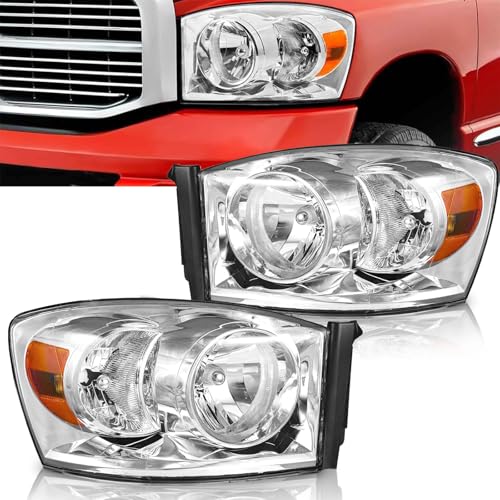 For 2006 2007 2008 Dodge Ram Headlight Assembly OEM Style Replacement for 06-08 Ram 1500, 2009 Ram 2500 3500 Old Body Style Only (NOT fit w/ Bottom Amber), Halogen Head Lights Headlamp L+R, Chrome - color: Chrome Amber Headlight